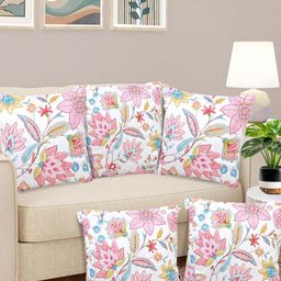 FABINALIV White & Pink 5 Pieces Printed Velvet Square Cushion Covers-image-94