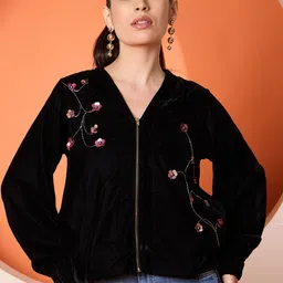 Antheaa Women Floral Crop Bomber with Embroidered Jacket-16