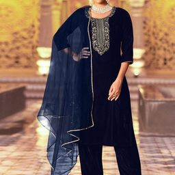 KALINI Women Ethnic Motifs Yoke Design Regular Sequinned Velvet Kurta with Trousers & With Dupatta-13