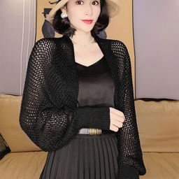 KPOP Women V-Neck Long Sleeves Front Open Sheer Shrug-34