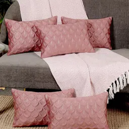 TANLOOMS Pink & Gold 5 Pieces Floral Printed Velvet Rectangle Cushion Covers-picture-38