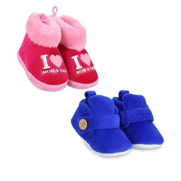NESKA MODA 6 To 12 Months Set Of 2 Velvet I Love Mom and Dad Print & Button Design Booties-image-47