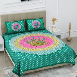 Myntra Elegant Homes Green & Pink Floral 144 TC Queen Bedsheet with 2 Pillow Covers-image-76
