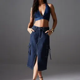 Miss Chase Straight Midi Denim Skirt-image-83