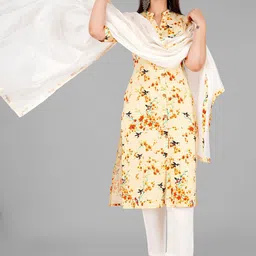 rf clothes Floral Printed Mandarin Collar Pure Cotton A-Line Kurta With Trouser & Dupatta image 3