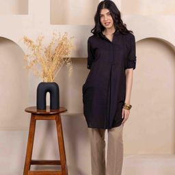 INAAYA JAIPUR Mandarin Collar Pleated Pure Cotton A-Line Kurti-image-96
