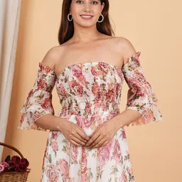 YASH GALLERY Floral Print Off-Shoulder Chiffon Maxi Dress-image-71