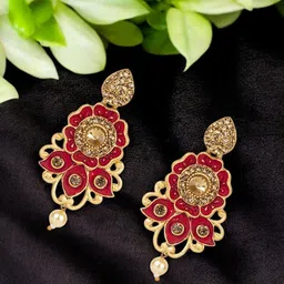 ANIKAS CREATION Gold-Plated Artificial Stones Studded Floral Shaped Drop Earrings-86