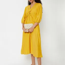 max Women V-Neck Puff Sleeve Twisted Detailed A-Line Midi Dress-picture-6