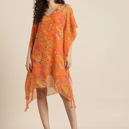 Qurvii Floral Printed V-Neck Georgette Kaftan Dress-image-31