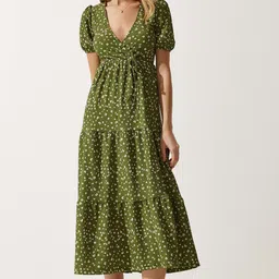 Happiness istanbul Floral Print Puff Sleeve A-Line Midi Dress-picture-56