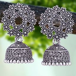 MEENAZ Set Of 3 Silver-Plated Floral Shaped Oxidised Jhumkas-42