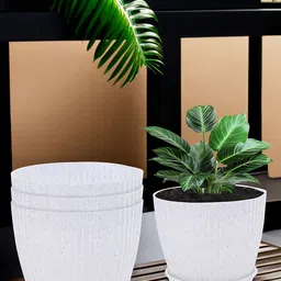 Kuber Industries White 4 Pieces Marble Weather Resistant Flower Planters With Trays-33