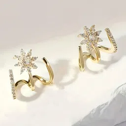VAGHBHATT Gold-Toned Cubic Zirconia Studded Starburst Dual-Band Statement Floral Studs image 3