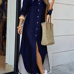 Outzidr Women Shirt Collar Three-Quarter Sleeves Shirt Maxi Dress-image-3