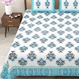 Myntra Elegant Homes Blue & Green Floral 180 TC King Bedsheet with 2 Pillow Covers-picture-5