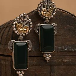 XPNSV Silver-Plated Oxidised Geometric Stone Studded Drop Earrings-52