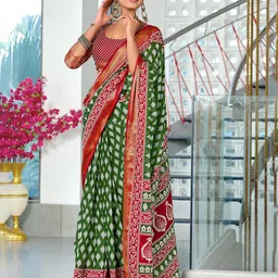 KALINI Floral Block Printed 1-Minute Ready to Wear Mulmul Cotton Saree With Blouse-picture-11