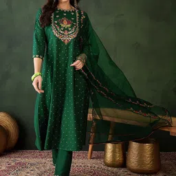 Sangria Floral Embroidered Zari Sequence A Line Kurta & Trouser With Dupatta image 1