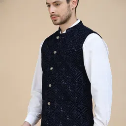 Jompers Men Embroidered Sequins Velvet Nehru Jacket-19