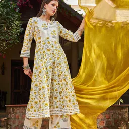 Shae by SASSAFRAS Floral Printed Thread Work Pure Cotton Kurta with Palazzo & With Dupatta-image-14