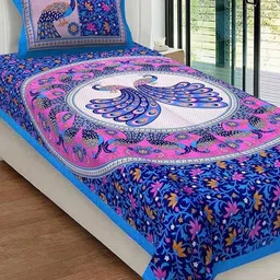 METRO LIVING Blue 104 TC Single Bedsheet with 1 Pillow Covers-image-90