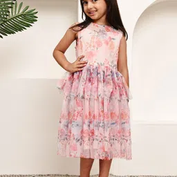 JAKANARY Floral Print Ruffled Net Fit & Flare Dress-43