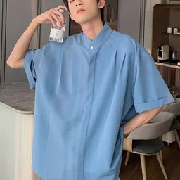 KPOP Men Original Oversized Regular Fit Solid Band Collar Cotton Casual Shirt-picture-8