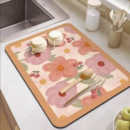 HomeCloud Pink & Beige Printed Super Absorbent Non Slip Kitchen Counter Dish Drying Mat-20