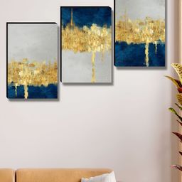 Aura Navy Blue & Gold-Toned 3 Pieces Wood Abstract Wall Paintings-image-81