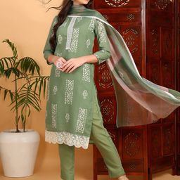 KALINI Geometric Printed Lace Scalloped Kurta With Trouser & Dupatta-image-12