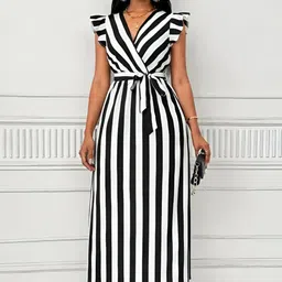 Mast & Harbour Women Striped V-Neck Flutter Sleeve Wrap Midi Dress-picture-0