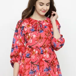 Sera Floral Print Tie-Up Neck Puff Sleeve Georgette Empire Top-image-56