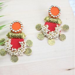 Rang De Taan Orange & Red Coin Dangler Earrings-image-91