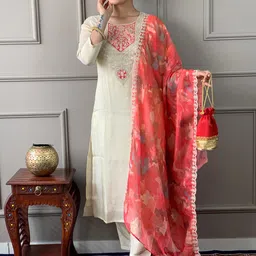 BAESD Floral Yoke Design Round Neck Sequinned Straight Kurta With Trousers & Dupatta-picture-15