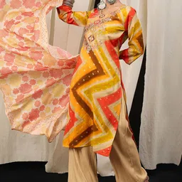 Anouk Leheriya Printed Sequinned Round Neck Kurta With Palazzos & Dupatta image 2