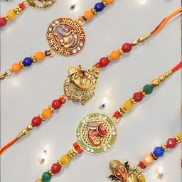 MEIRA JEWELLERY Set Of 5 Kundan Studded Rakhi With Roli Chawal & Greeting Card-image-92