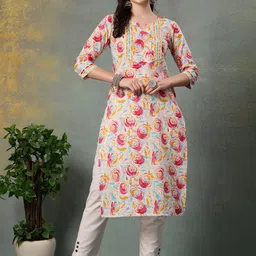 God Bless Floral Printed Notch Neck Pure Cotton Straight Kurta-image-78