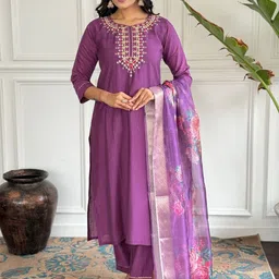 KALINI Women Floral Yoke Design Regular Thread Work Chanderi Silk Kurta with Trousers & With Dupatta-picture-17