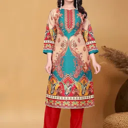 BINDUDI Ethnic Motifs Printed Sweetheart Neck Linen Straight Kurta With Trousers-picture-39