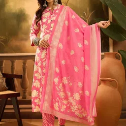 Sangria Floral Printed Mandarin Collar Straight Kurta With Trousers And Dupatta-image-45