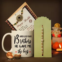 Designer TR-RB23-RakhiMugCard-NK001 Mauli Thread Rakhi, Mug, Greeting Card, Chawal Roli Pack Set-5