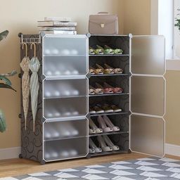 WeCool SR-B12 Upgraded Shoe Rack for Home Plastic, Portable Shoe Rack with Dustproof Door for Heels/Slippers/Boots, 12-layer Shoe Storage Cabinet with Hooks for Entryway or Bedroom - Black image 1