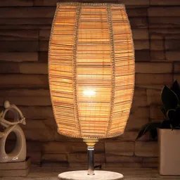 Devansh Dholak Beige & White Textured Bamboo Table Lamp With Wood Base image 4