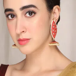 AQUASTREET Gold-Plated Meenakari Leaf Designed Red Jhumkis Earrings-48