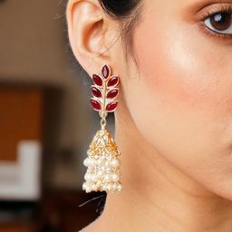 Anouk Gold-Plated & Red Artificial Stones & beads Teardrop Shaped Jhumkas-17