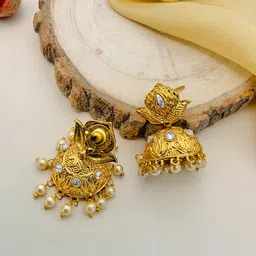 ABDESIGNS Gold-Plated Kundan Studded & Beaded Antique Dome Shaped Jhumkas image 2
