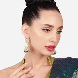 Zaveri Pearls Gold-Plated Stone-Studded & Beaded Contemporary Jhumkas-image-84