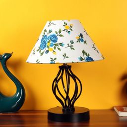 Devansh White & Blue Printed Cotton Table Lamp With Iron Base image 2