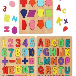 CHOCOZONE Kids Set of 3 Brown Wooden Learning Board Alphabets, Numbers & Shapes Puzzle Toys image 3
